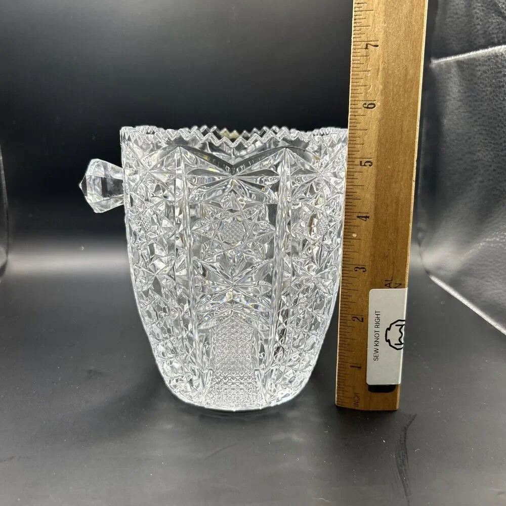 Ice Bucket Crystal Clear Glass w/Saw Tooth Edges & Knob Handles Vintage - Picture 8 of 9